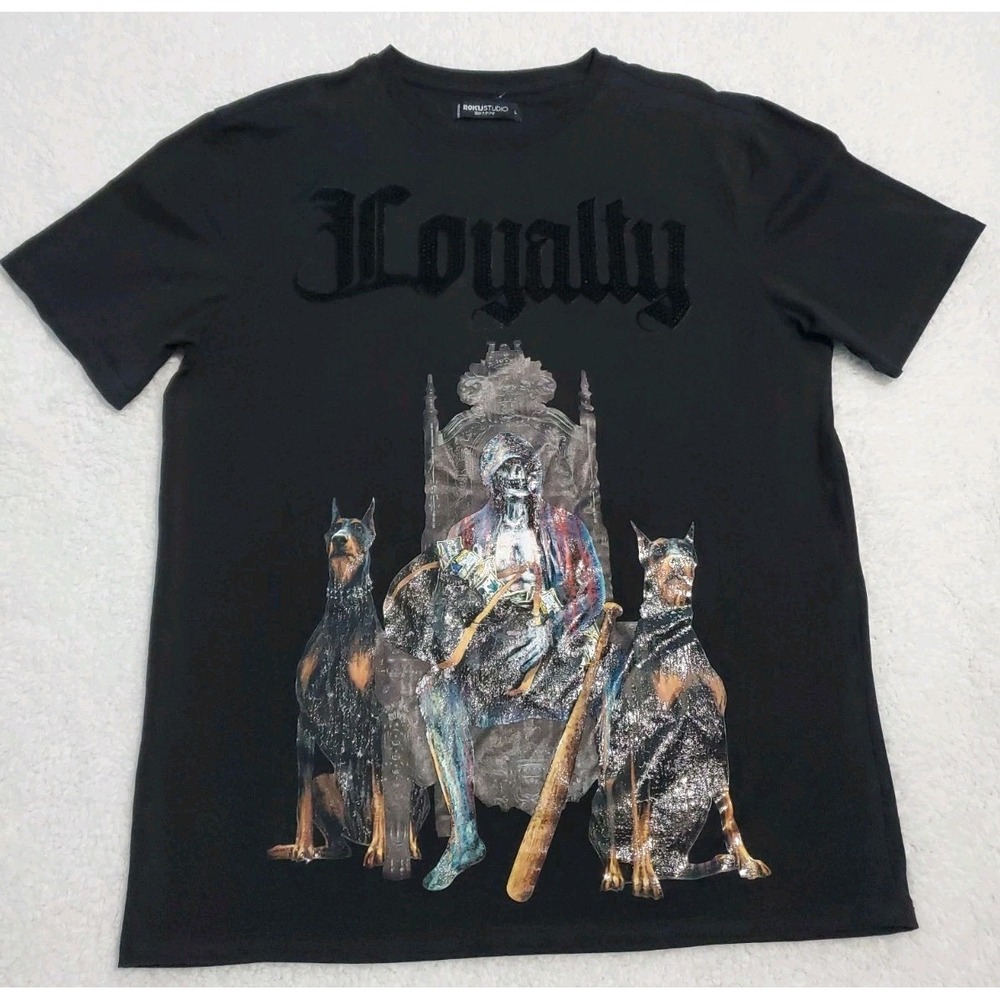 Roku Studios Men's Loyalty Rhinestone Graphic Black T-Shirt Size L
